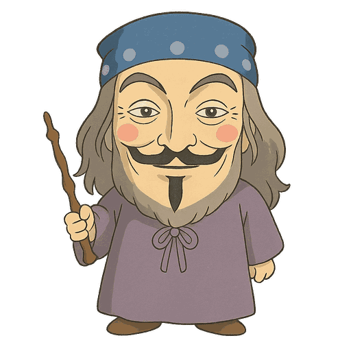 Illustrated portrait of a wizard wearing a blue bandana, with grey hair, a moustache and a wand.